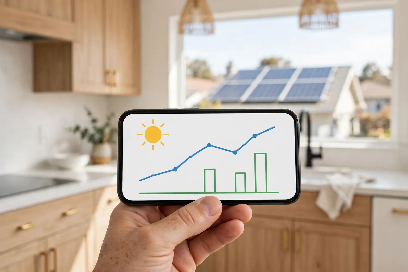 Homeowner checking solar energy production on a phone app