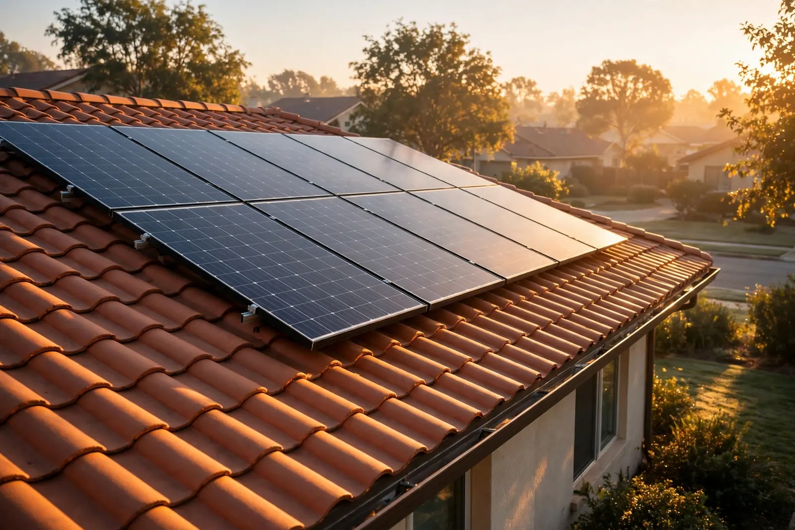Solar panels on a terracotta tile roof at sunrise