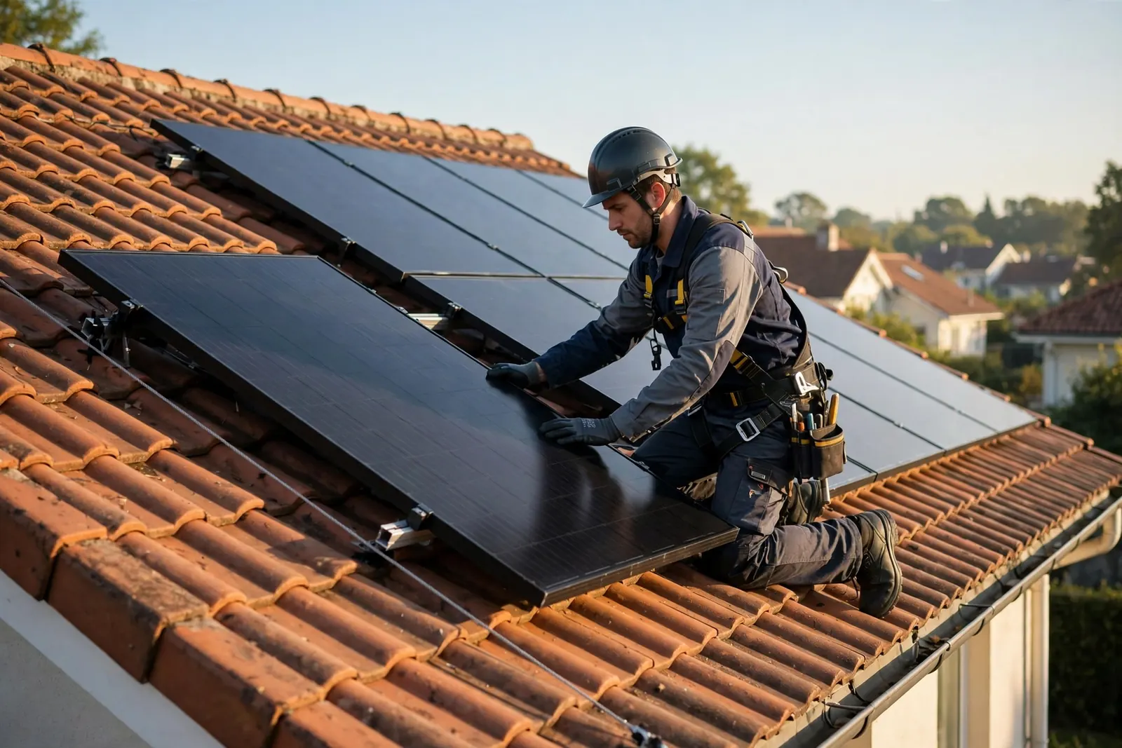 Worker installing solar panels on a residential roof