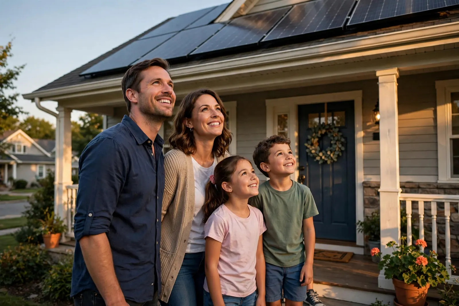 Family relaxing on a porch with rooftop solar in view